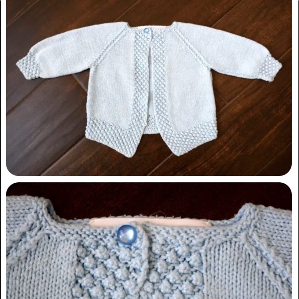 Handknitted  Baby Cardigan Sweater Baby blue w/One  Button Raglan sl. 3-… - Picture 4 of 7